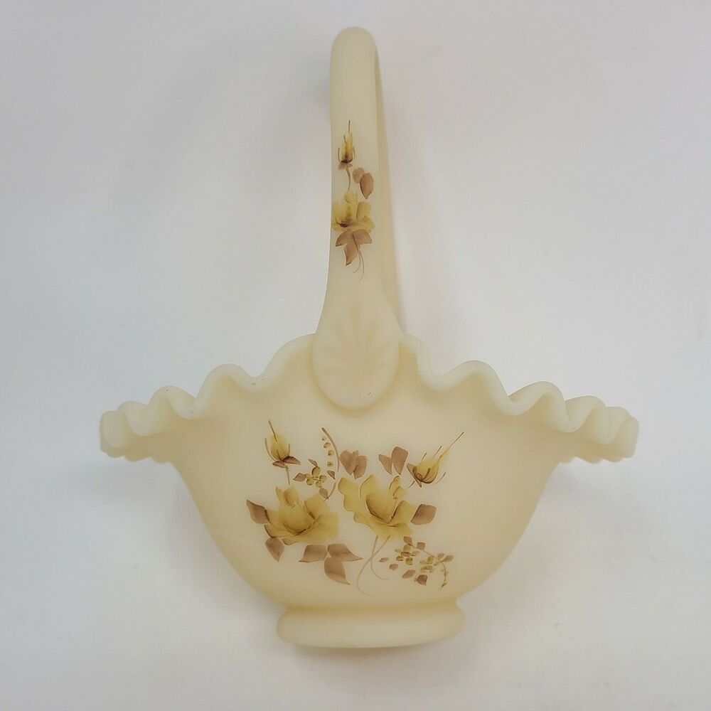 Fenton Basket Custard Ruffle Hand Painted Flowers Signed by Fleming w\ Sticker
